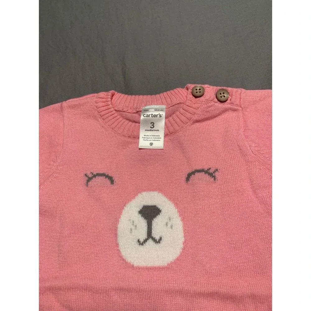 Carters Baby Girls‎ Pink Bear Knit Jumpsuit Romper Sweater One Piece 3M NEW